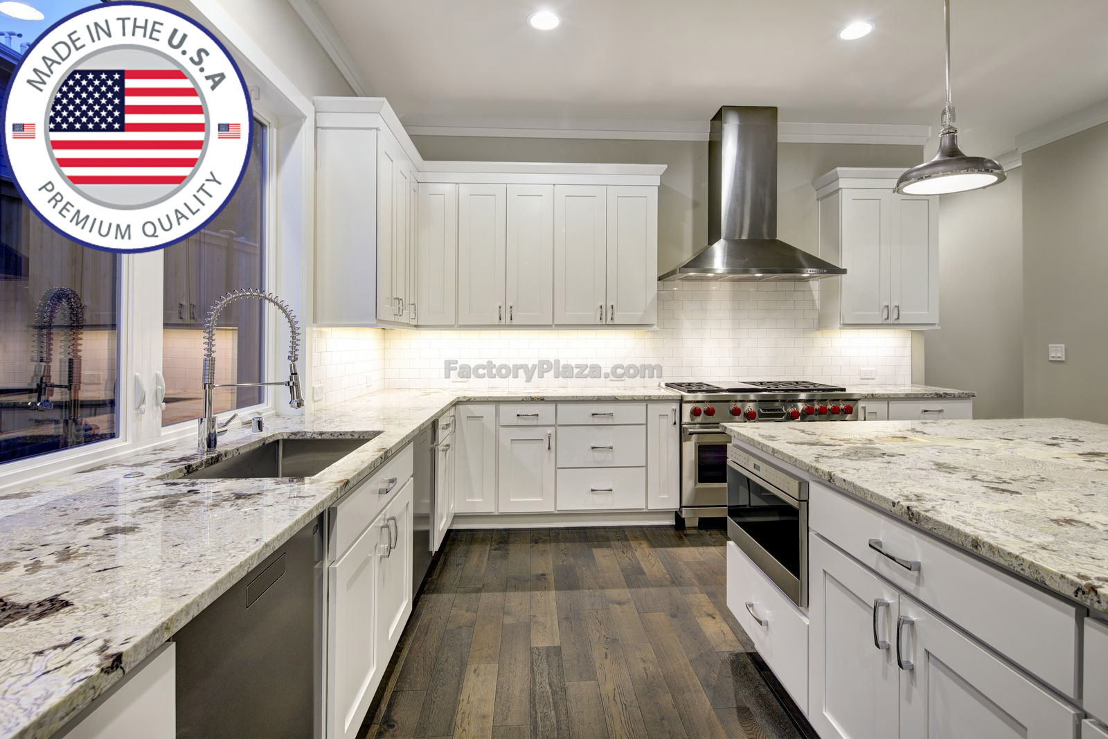 Large spacious kitchen design with white kitchen cabinets white kitchen island with lots of storage white Granite countertops subway tiles and stainless steel appliances. Northwest USA . Northwest USA